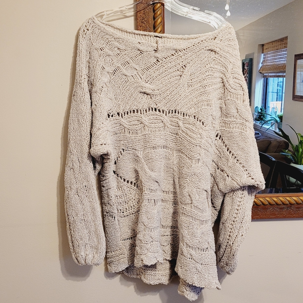 Free People Chunky Cable Knit Sweater Oversize Gray Grey Scoop Neck